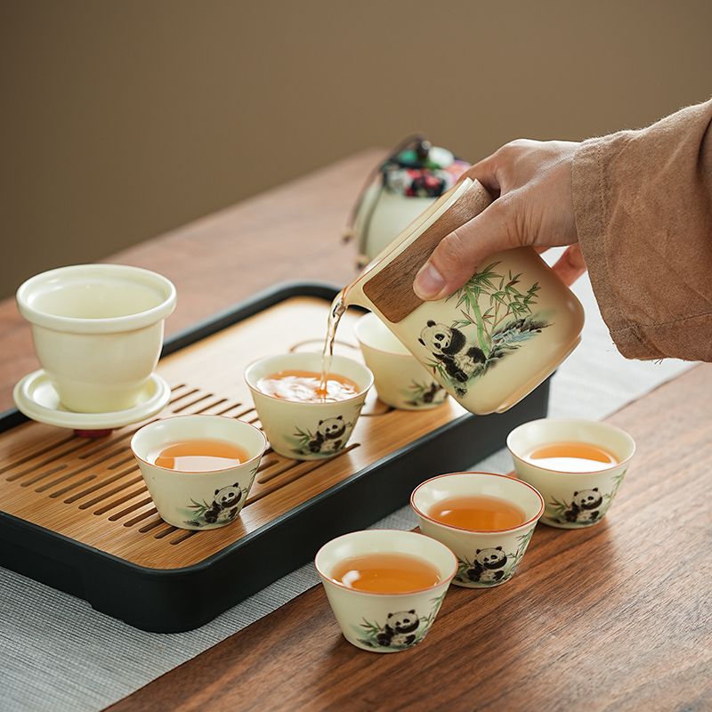 古樸禪意【熊貓黃玉汝窯】便攜式戶外旅行茶具 商務 禮盒 家用 品味百態人生！